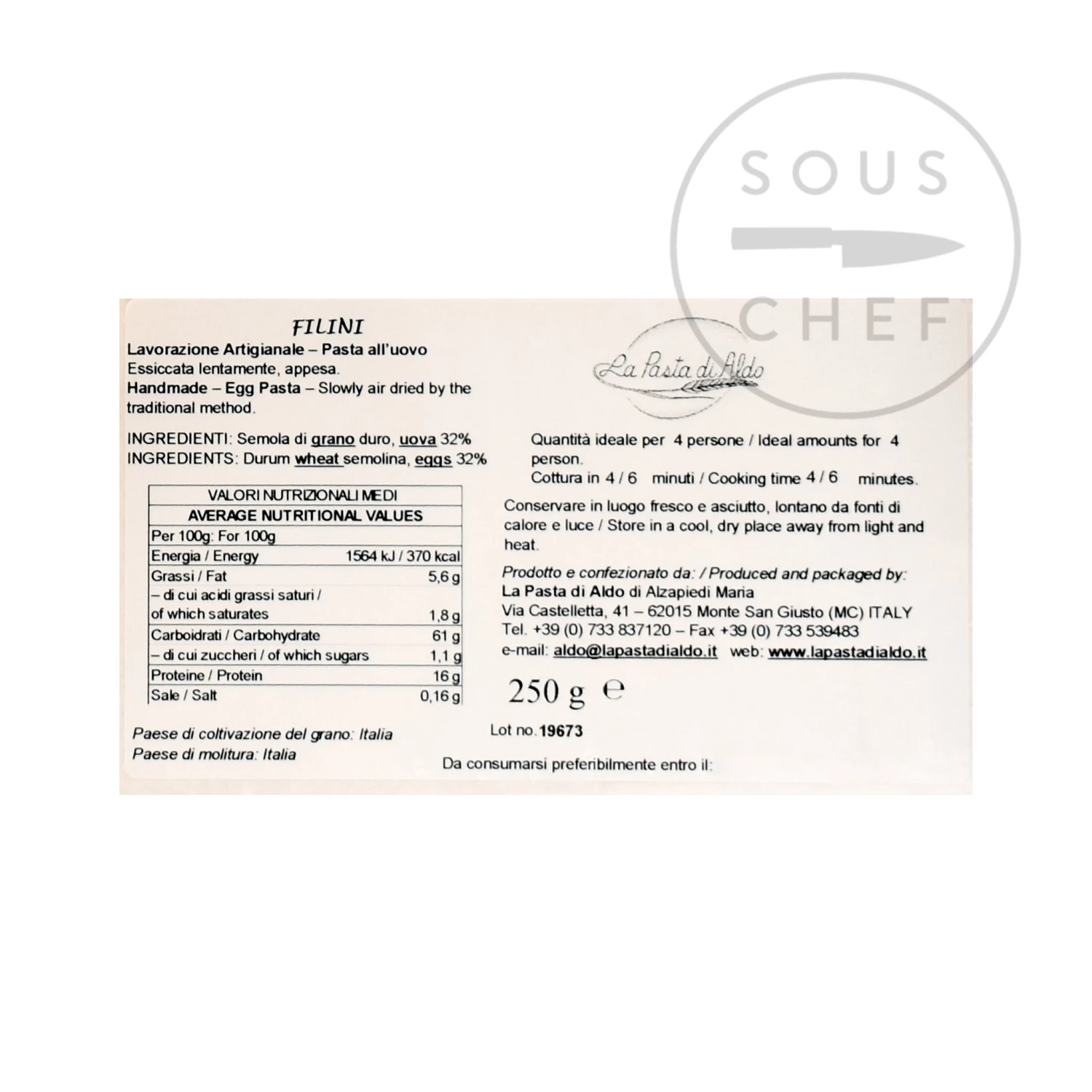 Ingredients Pasta Di Aldo Filini Egg Pasta 250g 5 Ingredients Pasta Di Aldo Filini Egg Pasta 250g