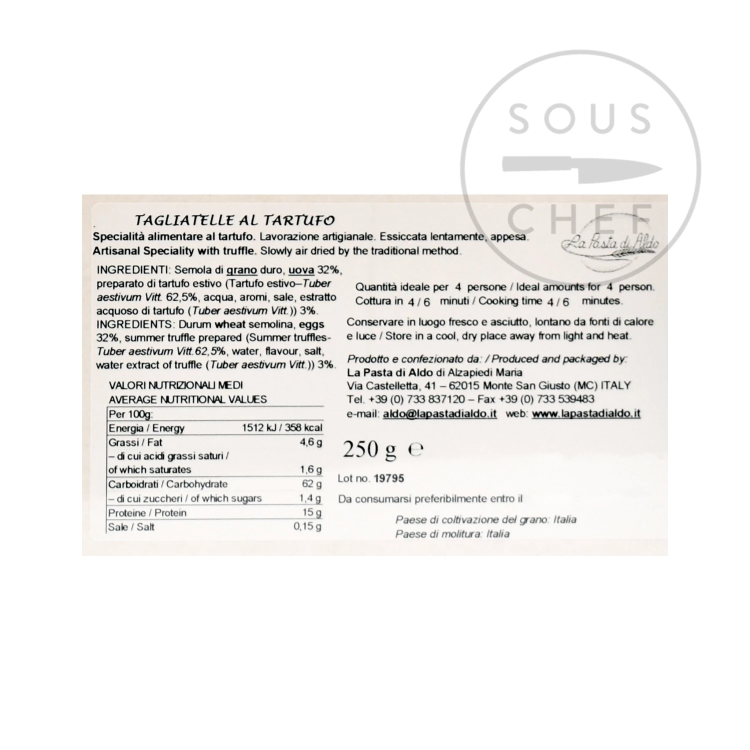 Pasta Di Aldo Truffle Tagliatelle Egg Pasta 250g Ingredients