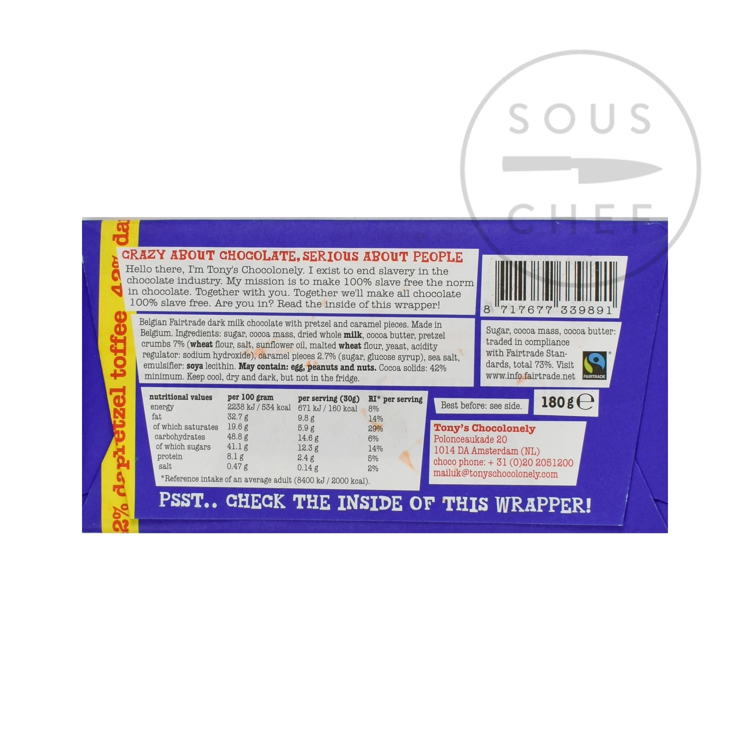 Tony's Chocolonely Dark Milk Chocolate, Pretzel & Toffee 180g 4 Tony's Chocolonely Dark Milk Chocolate, Pretzel & Toffee 180g