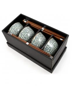 Kiji Stoneware & Ceramics Blue & White Flower Rice Bowl Set With Chopsticks